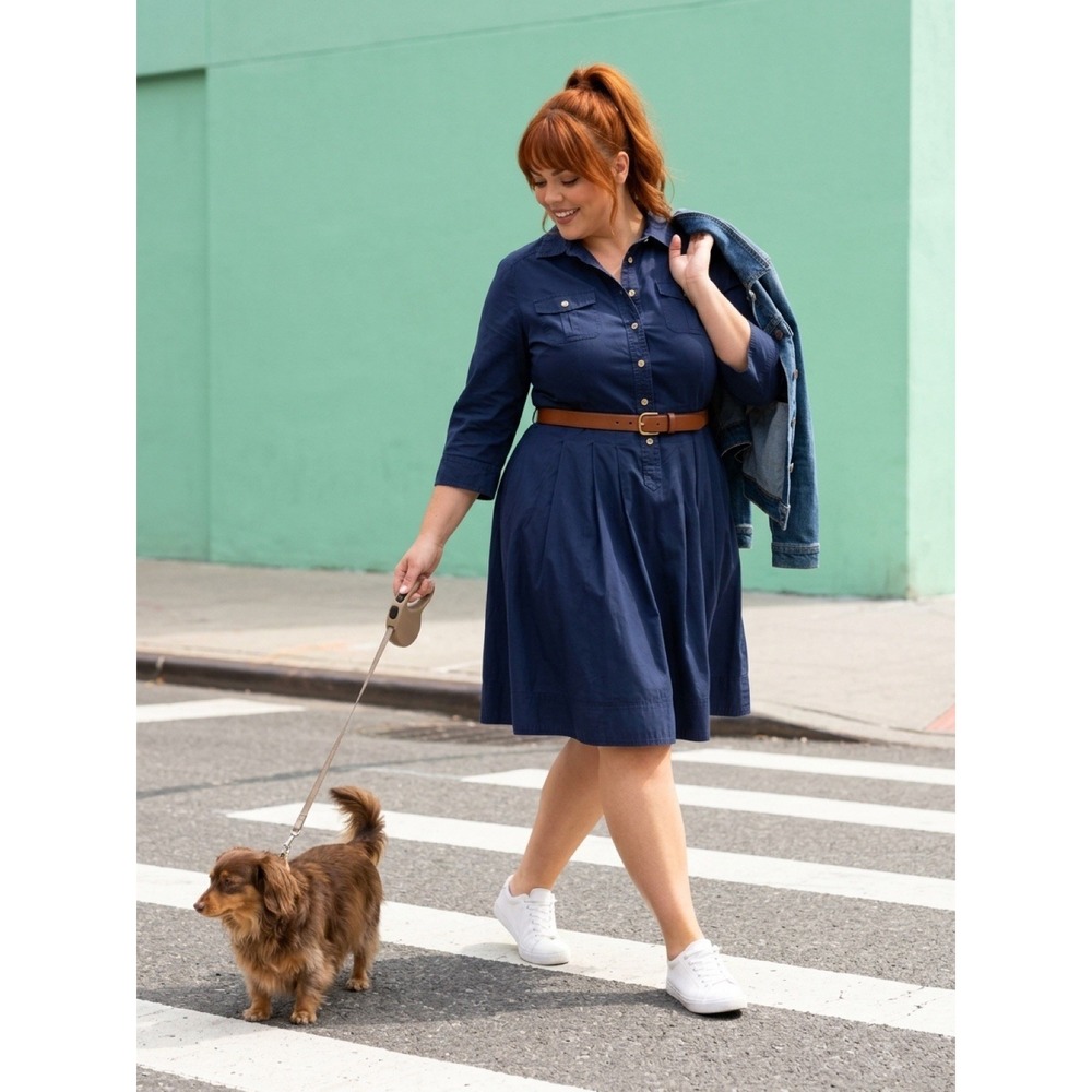 Lauren Ralph Lauren Blue Solid Collared Button Front Shirt Dress 12P Pockets